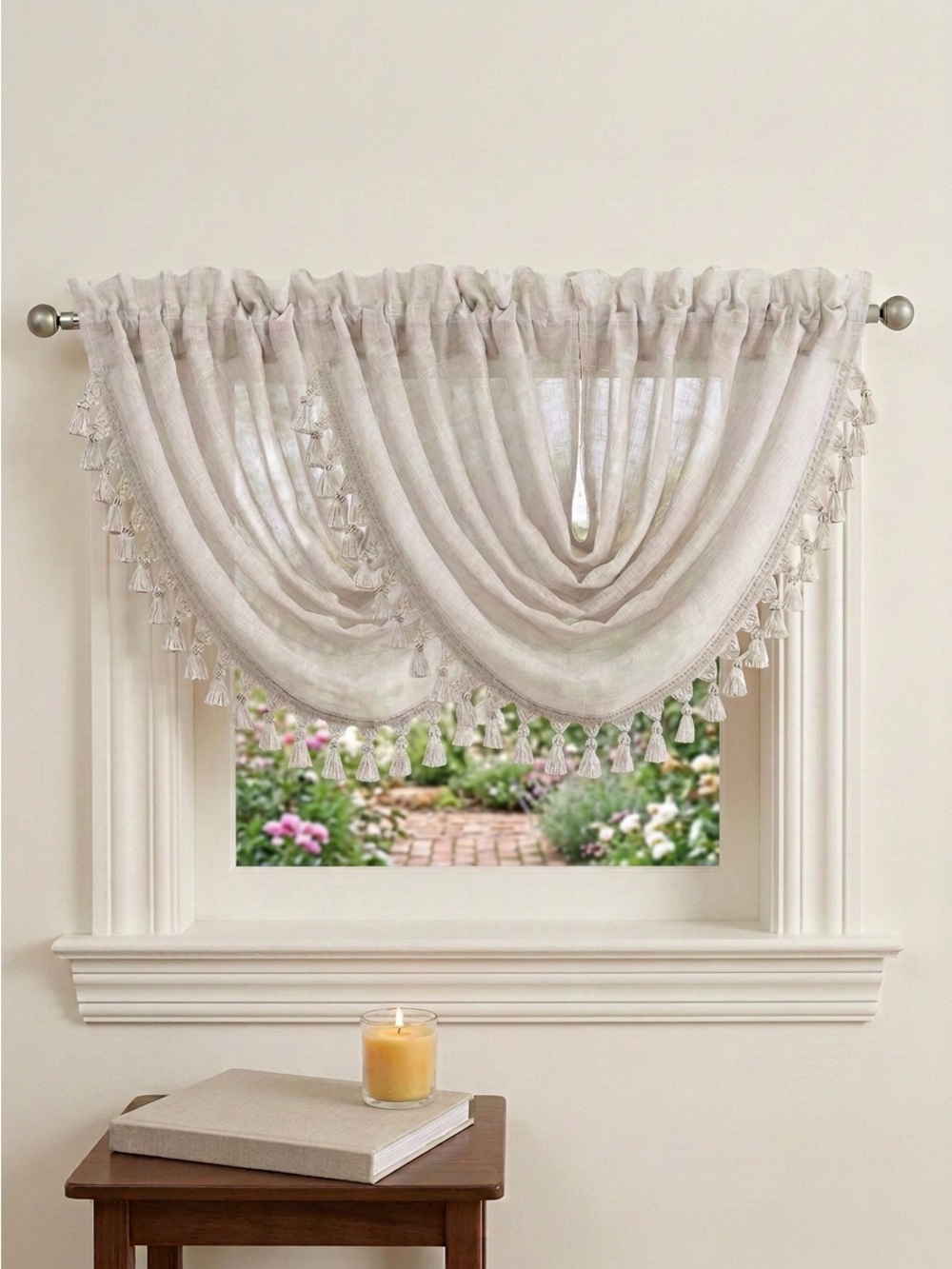 Central Park Linen Texture Waterfall Valance Window Curtains 56”x38” 2 Piece Set